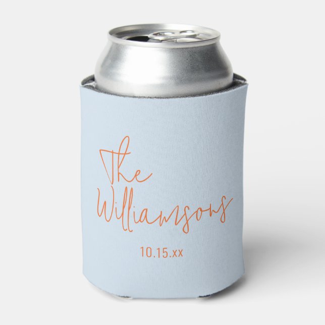 Trendy Modern Blue and Orange Script Wedding Can Cooler (Can Front)