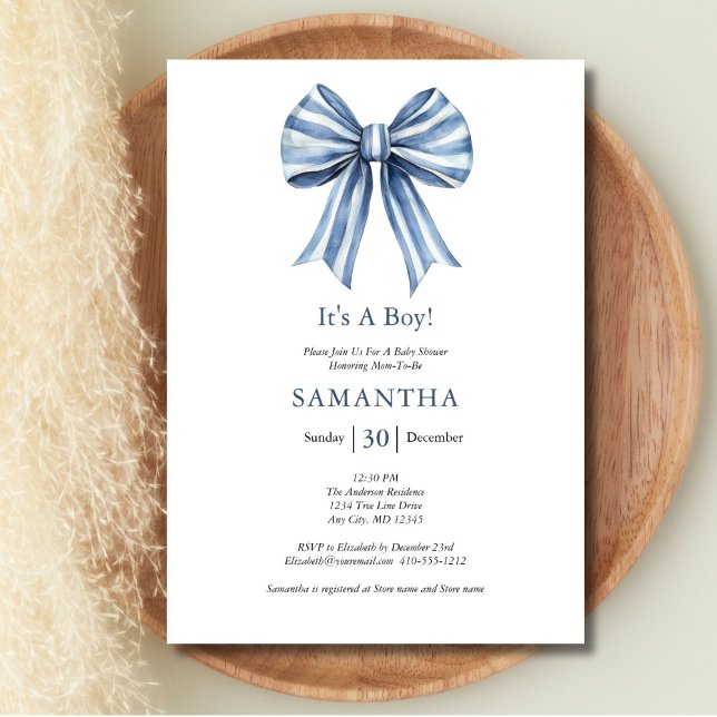 Trendy Modern Blue Bow Boy Baby Shower Invitation (Blue Bow Boy Baby shower invitation. Printed or Instant digital download)