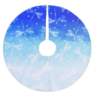 Trendy modern blue ombre dots and dragonflies brushed polyester tree skirt