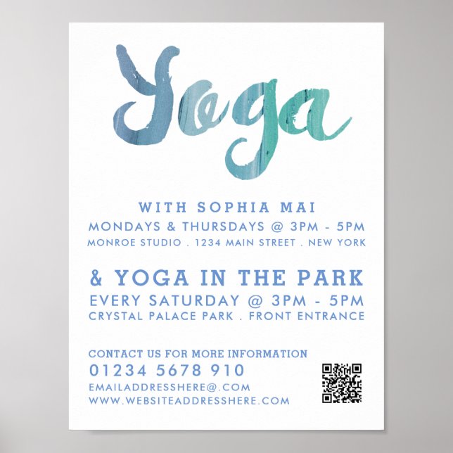 Trendy Modern Blue Yoga Class Advertising Poster (Front)
