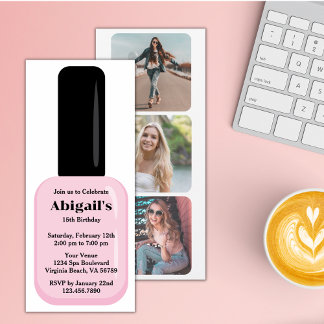 Trendy Modern Blush Pink Nail Polish Birthday Invitation