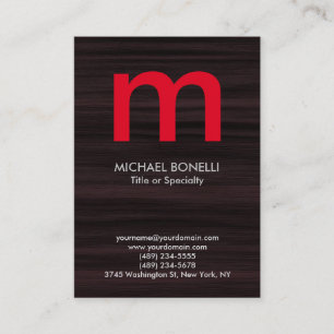 Trendy modern brown wood red monogram business card