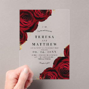 Trendy & Modern Burgundy Red Roses Floral Wedding Acrylic Invitations