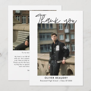 Trendy Modern Calligraphy Photo Graduation Thank You Card