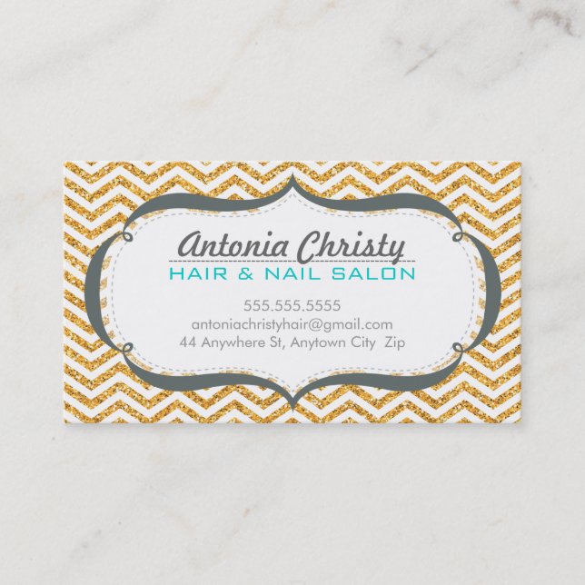 TRENDY modern chevron pattern faux gold glitter Business Card (Front)