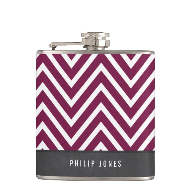 TRENDY modern chevron pattern grey maroon plum Hip Flask (Front)