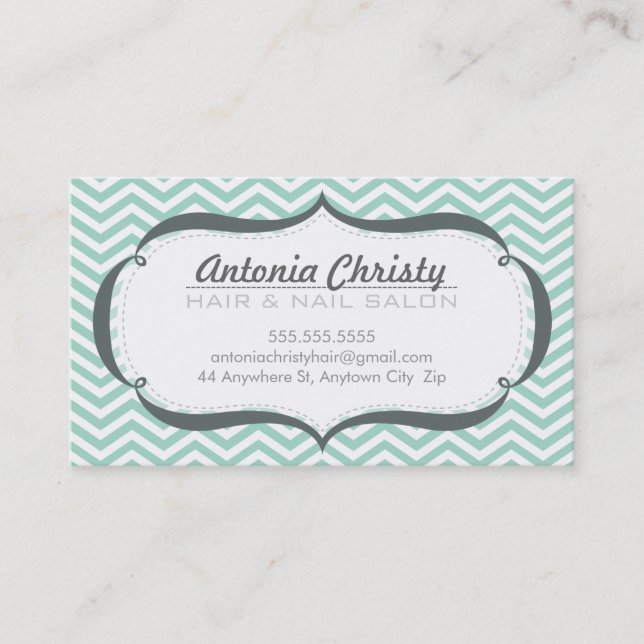 TRENDY modern chevron pattern pale mint green grey Business Card (Front)