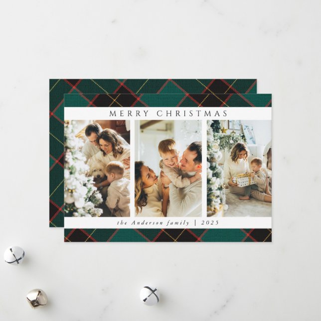 Trendy Modern Christmas Green Tartan Plaid Photo Holiday Card (Front/Back In Situ)