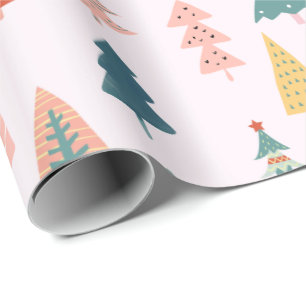 Trendy Modern Christmas Tree Pattern on Pink Wrapping Paper