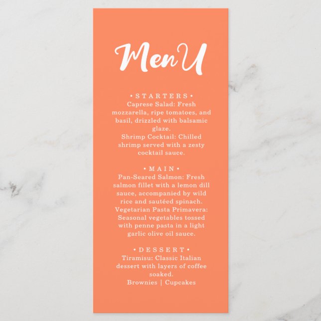 Trendy Modern Coral Orange Wedding Dinner Menu (Front)