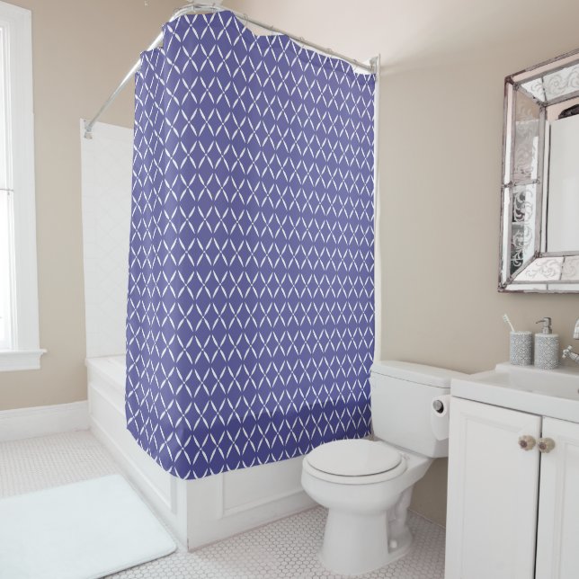 Trendy Modern Cornflower Blue and White Shower Curtain (In Situ)