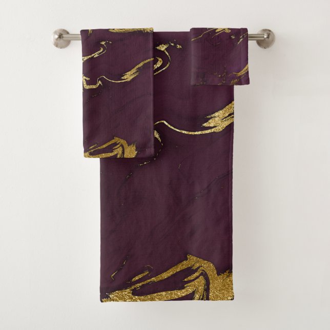 Trendy Modern Deep Purple and Gold Marble Bath Towel Set (Insitu)