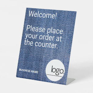 TRENDY MODERN DENIM BLUE OWN LOGO BRANDED BUSINESS PEDESTAL SIGN