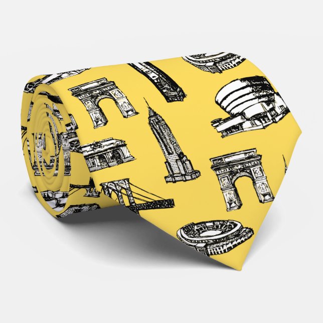 Trendy modern design city pattern men yellow tie (Rolled)