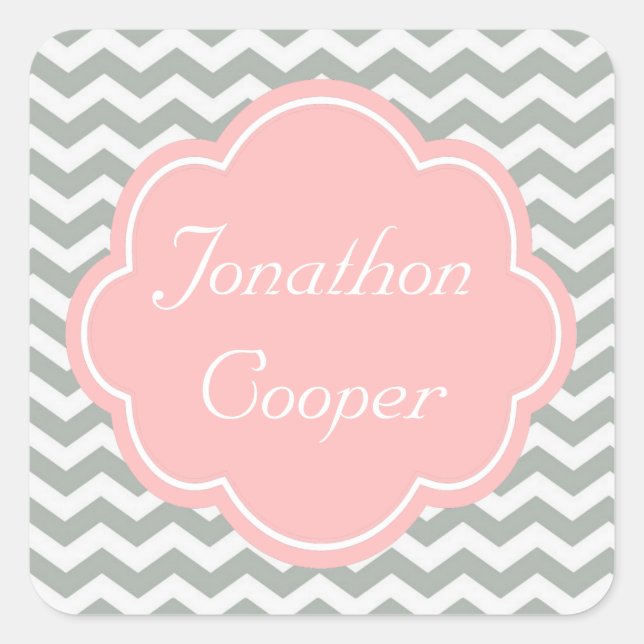 Trendy, modern, elegant grey chevron name square sticker (Front)