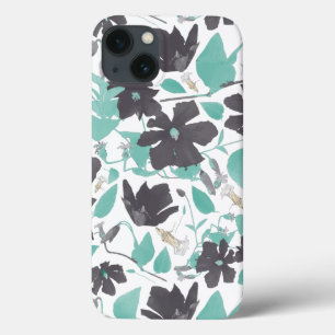 Trendy Modern Floral Blossoms Grey Teal Pattern Ca iPhone 13 Case