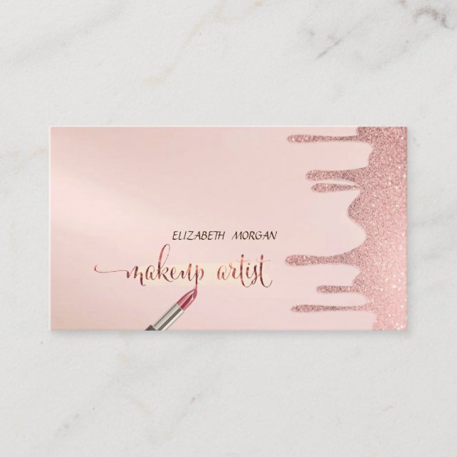 Trendy Modern Glitter Drops, Lipstick, Makeup Business Card (Front)