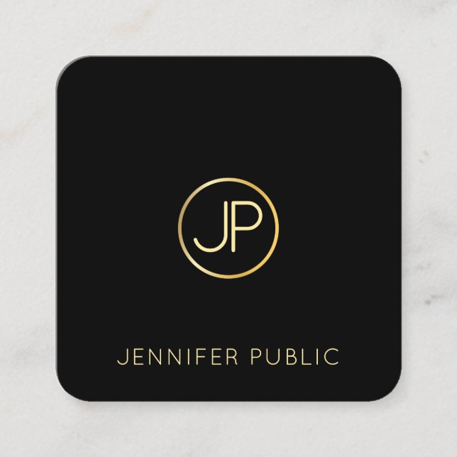 Trendy Modern Gold Monogram Black Template Elegant Square Business Card (Front)