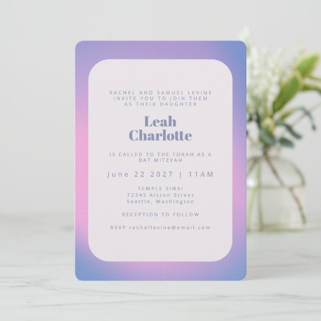 Trendy Modern Gradient Lavender Purple Bat Mitzvah Invitation (Standing Front)