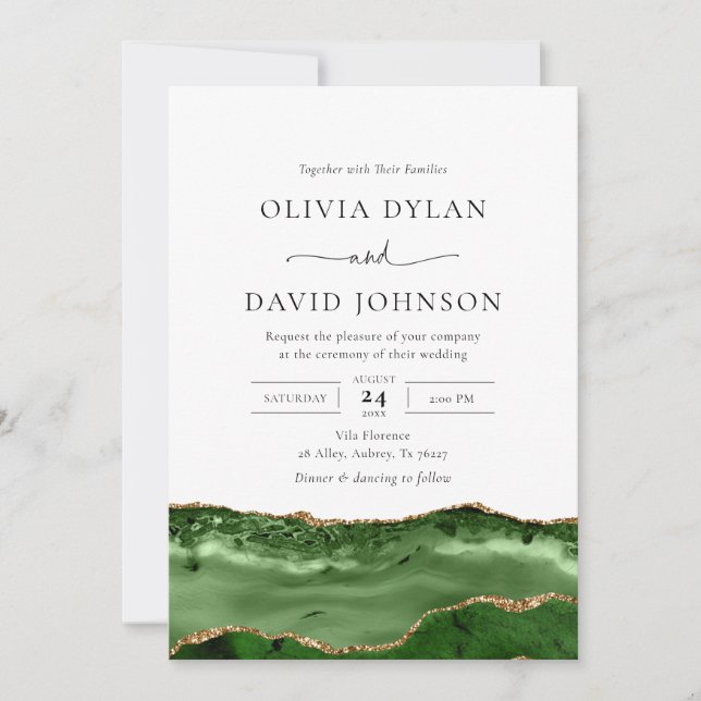 Trendy Modern green Gold Agate Wedding Invitation (Front)