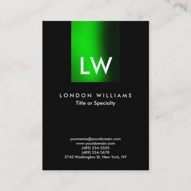 Trendy Modern Green Stripe Monogram Black Business Card (Front)