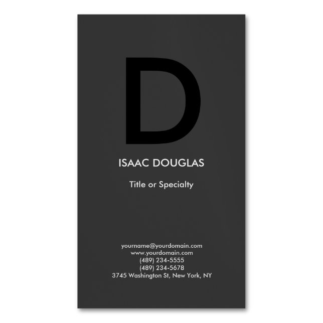 Trendy modern grey black bold monogram magnetic business card (Front Vertical)