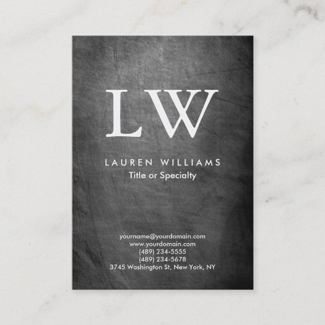 Trendy Modern Grey Chalkboard Monogram Business Card (Front)