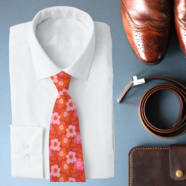 Trendy Modern Groovy Floral Red Pink Orange Tie (Creator Uploaded)