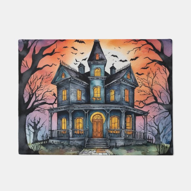 Trendy Modern Halloween Haunted House Bats         Doormat (Front)
