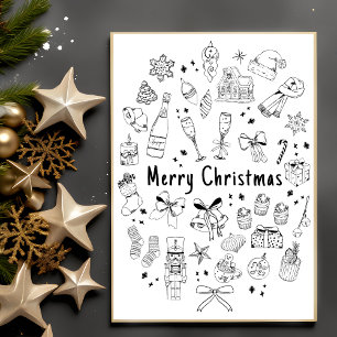Trendy Modern Hand Drawn Budget Black & White Xmas Postcard