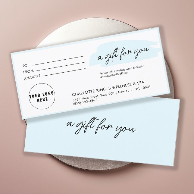 Trendy, modern, handwriting, logo, blue (Personalized, trendy, modern, handwriting, logo, light-blue gift certificate.)