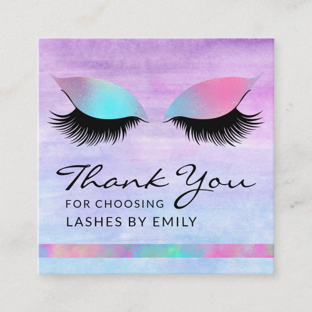 Trendy Modern Iridescent Chic Thank You Lash Care Square Business Card (Front)