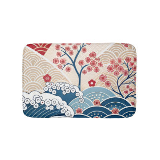 Trendy Modern Japanese Wave & Sakura Pattern Bath Mat