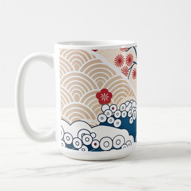 Trendy Modern Japanese Wave & Sakura Pattern  Coffee Mug (Left)