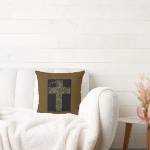Trendy Modern Jesus Gold Cross Brown Cushion