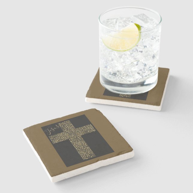 Trendy Modern Jesus Gold Cross Brown Stone Coaster (Side)