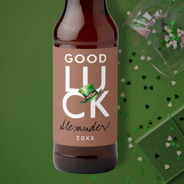 Trendy Modern Luck Mocha Brown Green Irish Hat  Beer Bottle Label (Creator Uploaded)