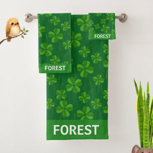 Trendy Modern Lucky Clover Leaves on Green Forest Bath Towel Set