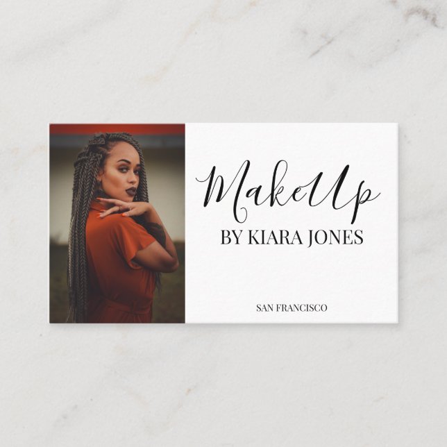 Trendy Modern Makeup Artist Script Photo Business Card (Front)