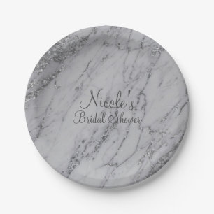 Trendy Modern Marble Silver Glam Wedding Party Paper Plate