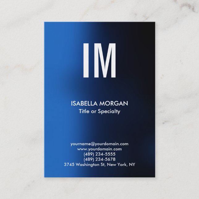 Trendy Modern Monogram Blue White Business Card (Front)