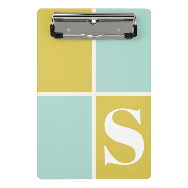 Trendy Modern Monogram Blue Yellow Geometric Mini Clipboard (Front)