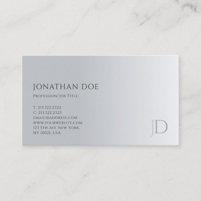Trendy Modern Monogram Elegant Silver Template Business Card (Front)
