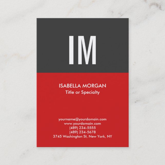 Trendy Modern Monogram Grey Red Business Card (Front)