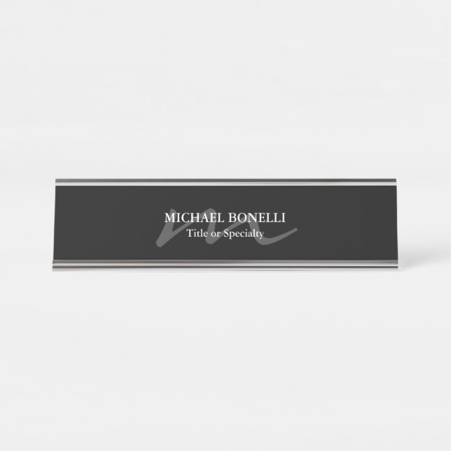 Trendy modern monogram initial professional black desk name plate (Front)