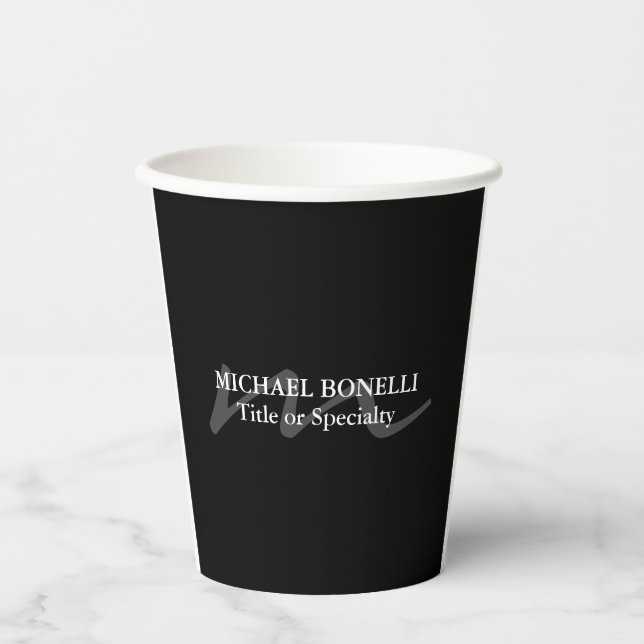 Trendy modern monogram initial professional black paper cups (Front)