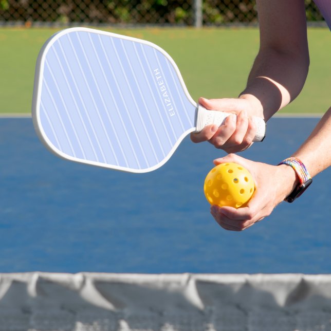 Trendy Modern Monogram Name Blue Striped Pickleball Paddle (Insitu)