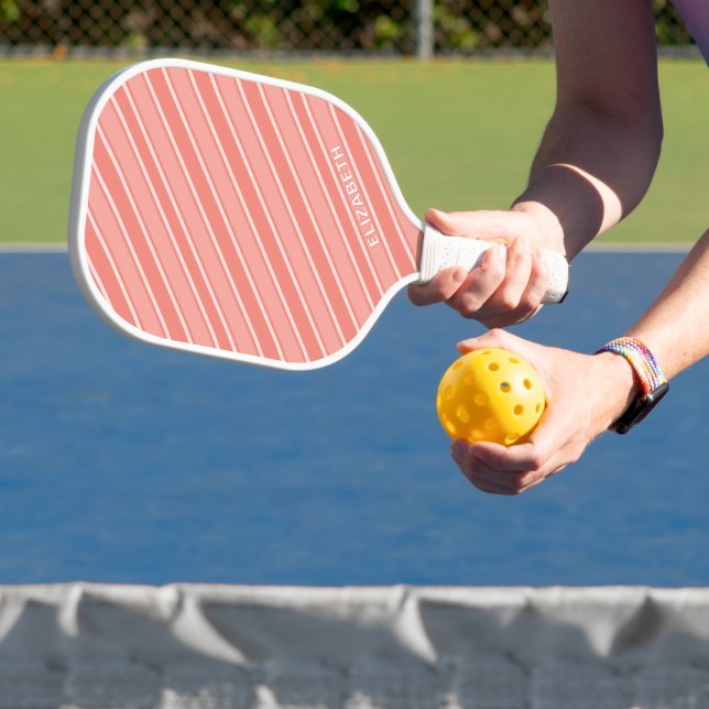 Trendy Modern Monogram Name Orange Striped Pickleball Paddle (Insitu)