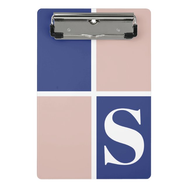 Trendy Modern Monogram Navy Blue Blush Pink Mini Clipboard (Front)