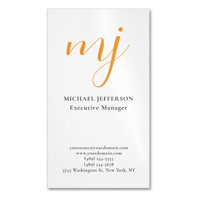 Trendy Modern Monogrammed Plain Black & White Magnetic Business Card (Front Vertical)